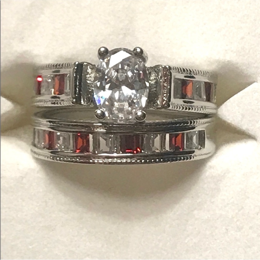 New Sterling Silver White Sapphire & Ruby Wedding Ring Set  Size 7.25